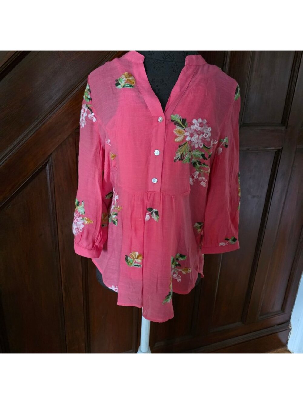 Hope Springs Womens Pink Floral Embroidered Tunic Top Blouse 3/4 Sleeve Small